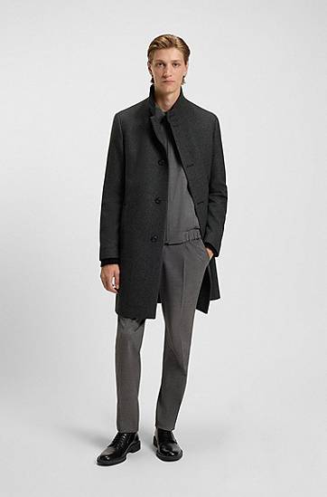 Rockar BOSS Regular-Fit Stand-Collar Wool-Blend Twill Coat Grå | 50546553, 1