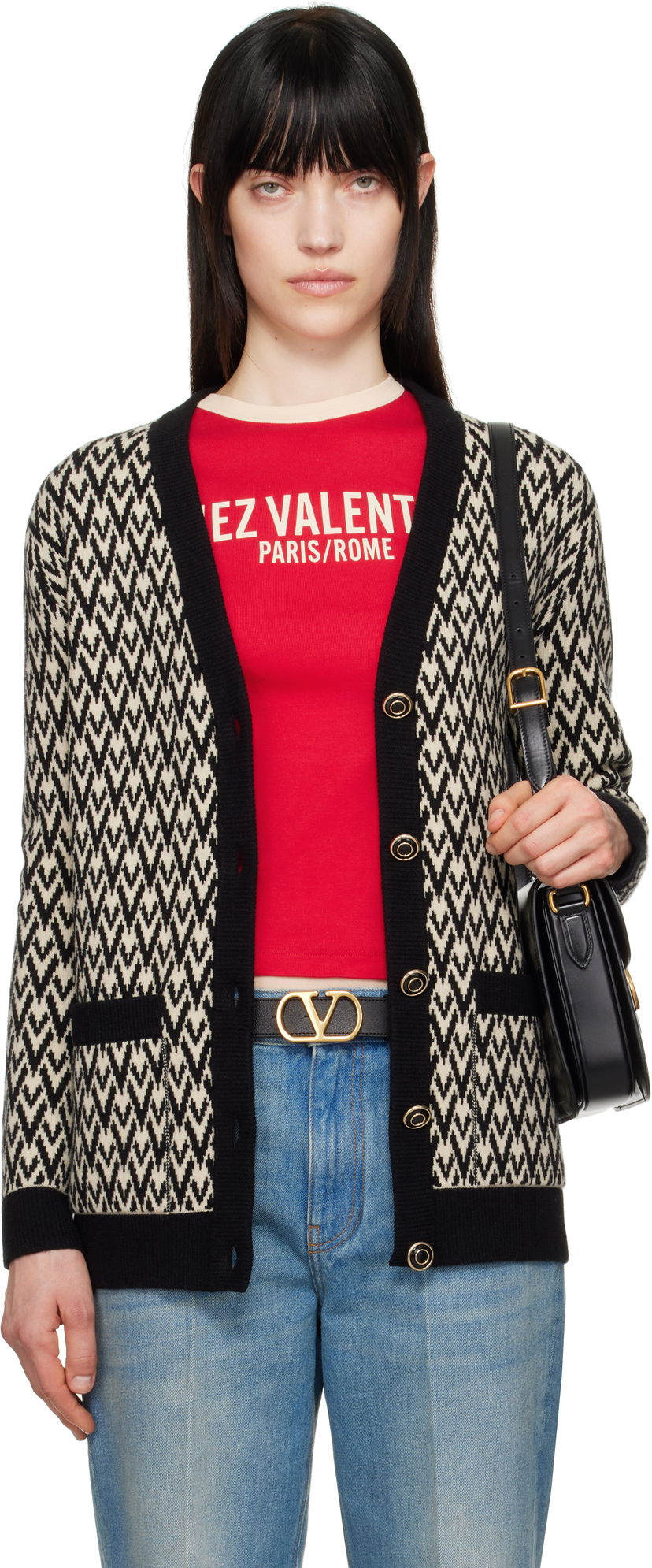 Sweater Valentino Valentino 'Toute La V' Chevron Knit Cardigan Beige | 6B3KA09A929