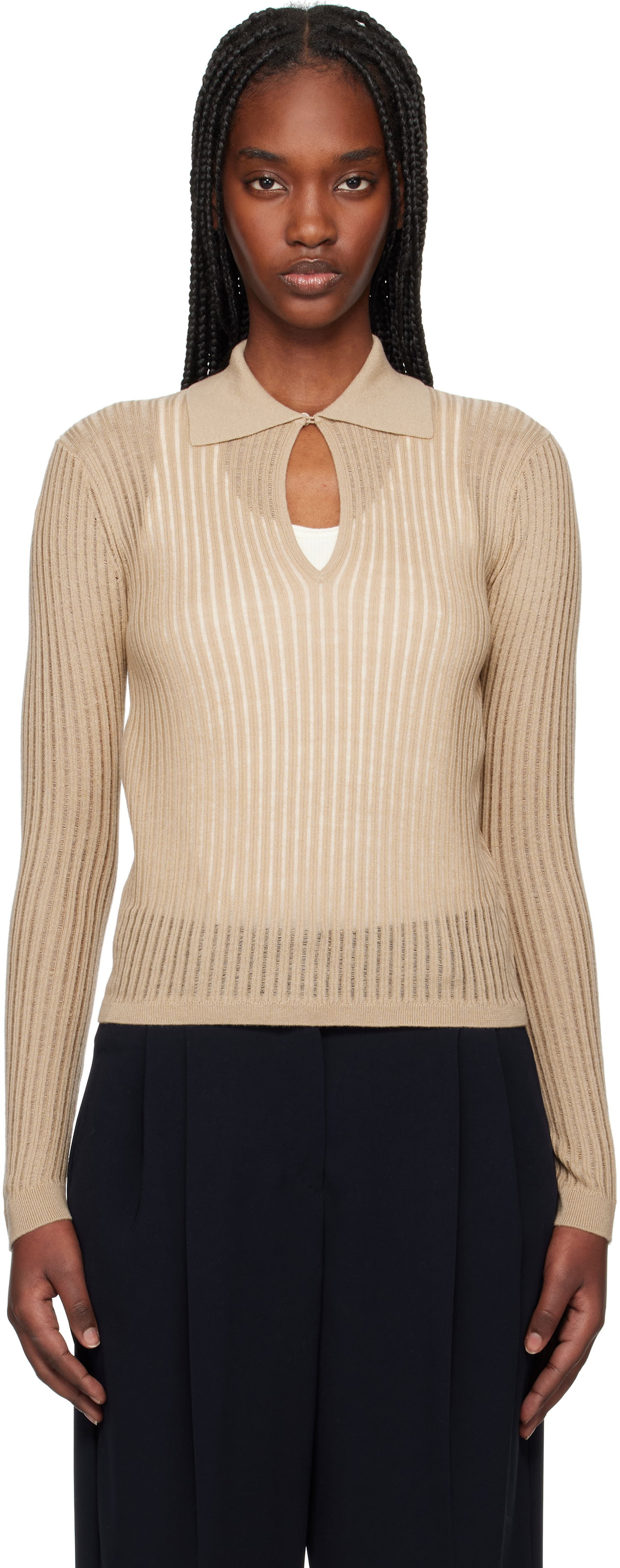 Sweater Max Mara Max Mara Ribbed Keyhole Polo Top Beige | 2516361021600, 0