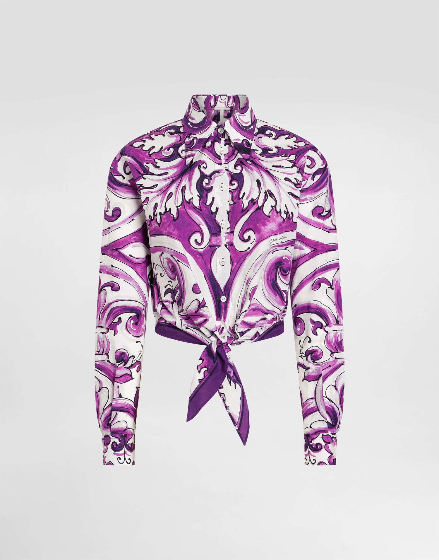 Skjorta Dolce & Gabbana Dolce & Gabbana Majolica-Print Tie-Front Poplin Shirt Purpur | F5T76TFI5JPHP5DQ, 0