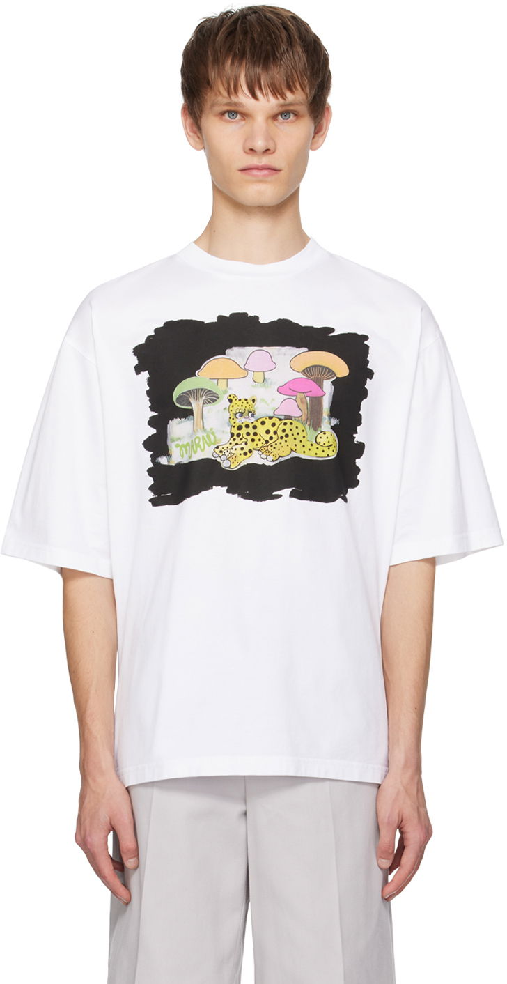 T-shirt Marni White Wild Cat & Tall Rainbow Fungus T-Shirt Vit | HUMU0223SPUSCW83