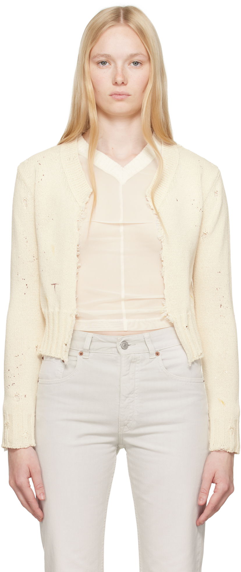 Sweater Maison Margiela MM6 Maison Margiela Paint Knit Cropped Cardigan Vit | S62HP0027 M13123