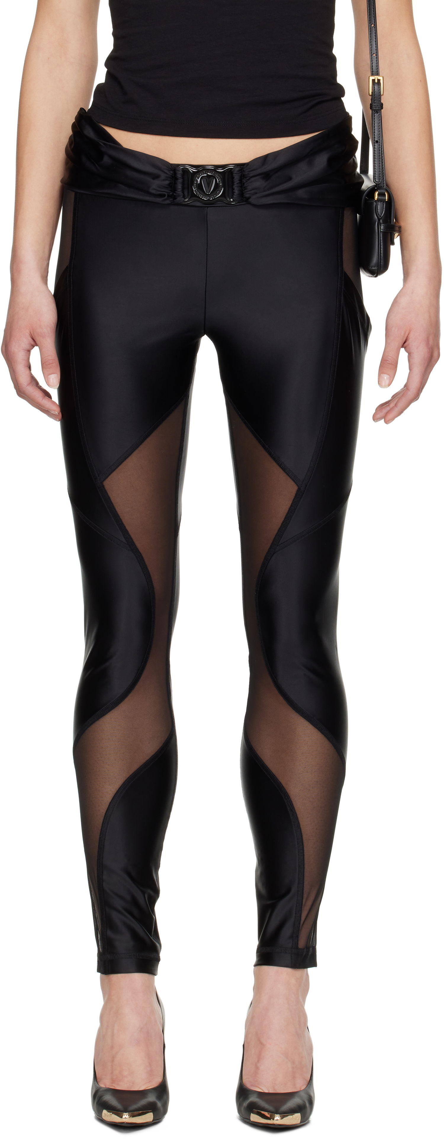 Damasker Versace Versace Jeans Couture V-Emblem Sheer Panel Leggings Svart | E78HAC103_EJ0223, 0