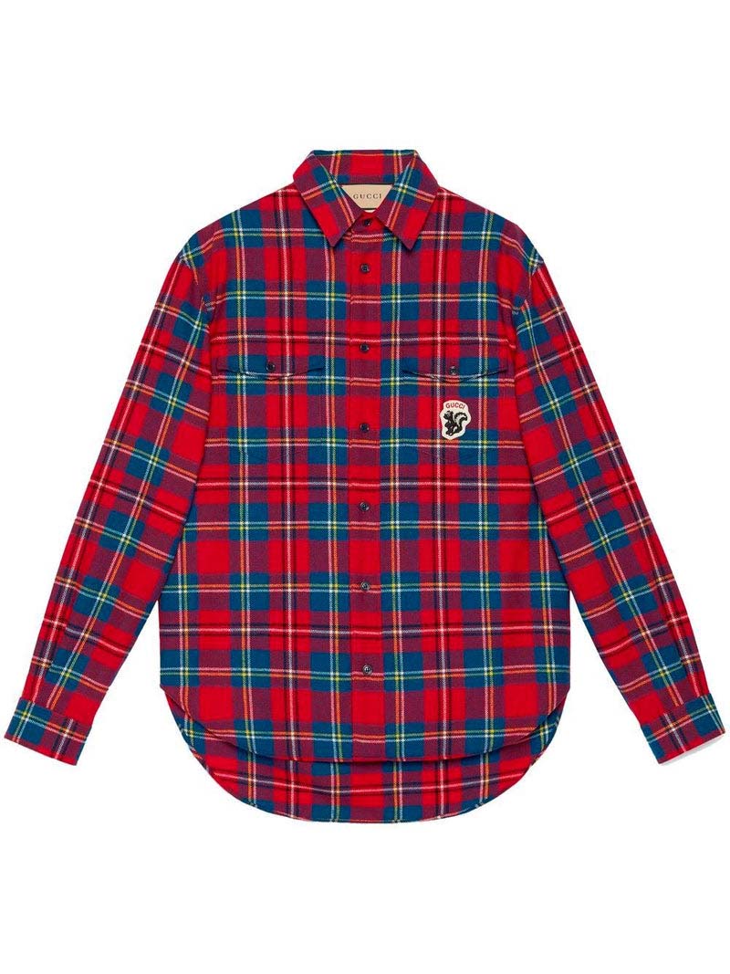Skjorta Gucci Tartan Skunk-Patch Shirt Red Röd | 720960 ZAK7U 6499