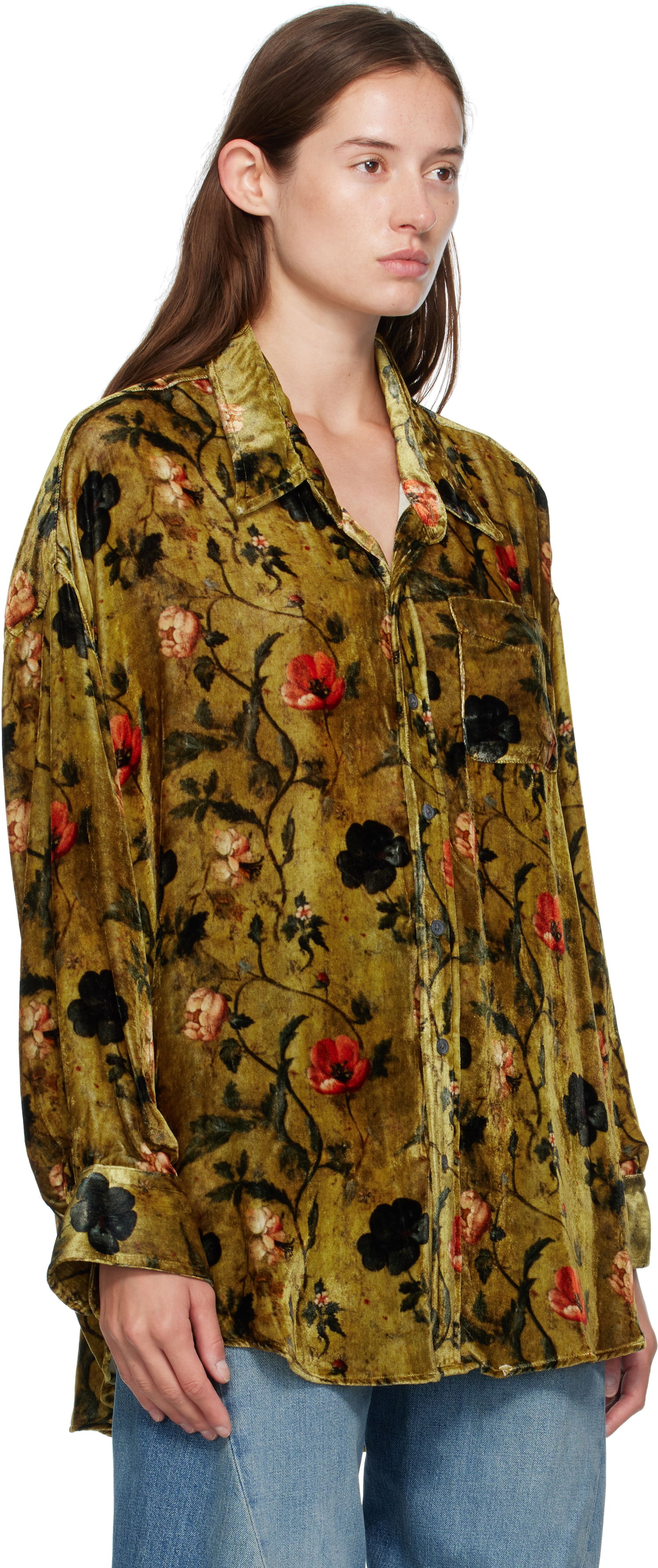 Skjorta R13 R13 Floral-Print Velvet Drop-Neck Shirt Grön | R13WR004-R595A, 1