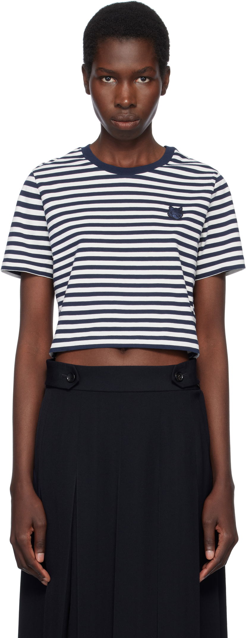 Crop top MAISON KITSUNÉ Maison Kitsuné Fox Head Patch Striped Cropped T-Shirt Mörkblå | OW00110KJ0008