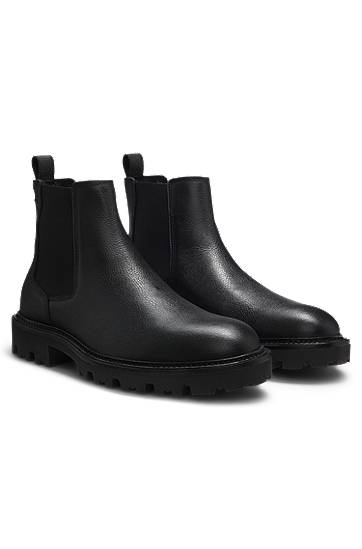 Rockar BOSS Grained Leather Chelsea Boots with Lug Sole Svart | 50552573