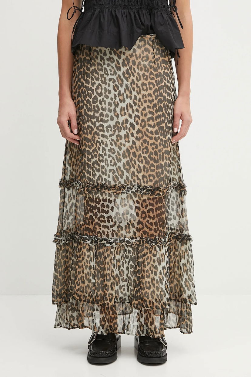 Kjol GANNI GANNI Printed Viscose Chiffon Long Ruffle Maxi A-Line Skirt Brun | W0435