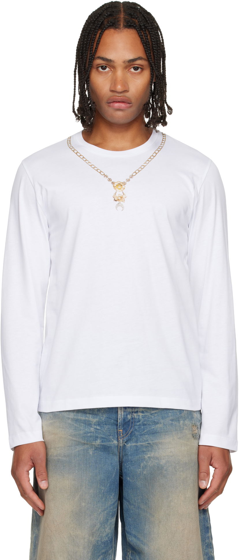 T-shirt Marine Serre Marine Serre Trompe L'Œil Jewelry Jersey LS T-Shirt Vit | MTT076ACJER0092
