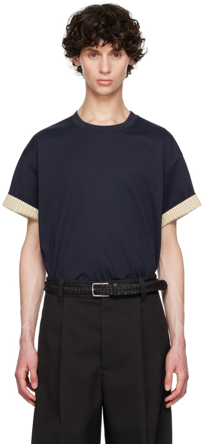 T-shirt Bottega Veneta Double Layer T-Shirt Mörkblå | 754683 V4HQ0 4133