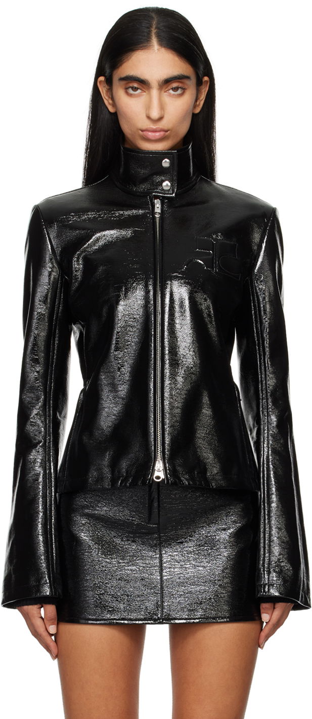 Bomberjacka Courrèges Embossed-Logo Patent Leather Jacket Svart | 324CBL194VY0014