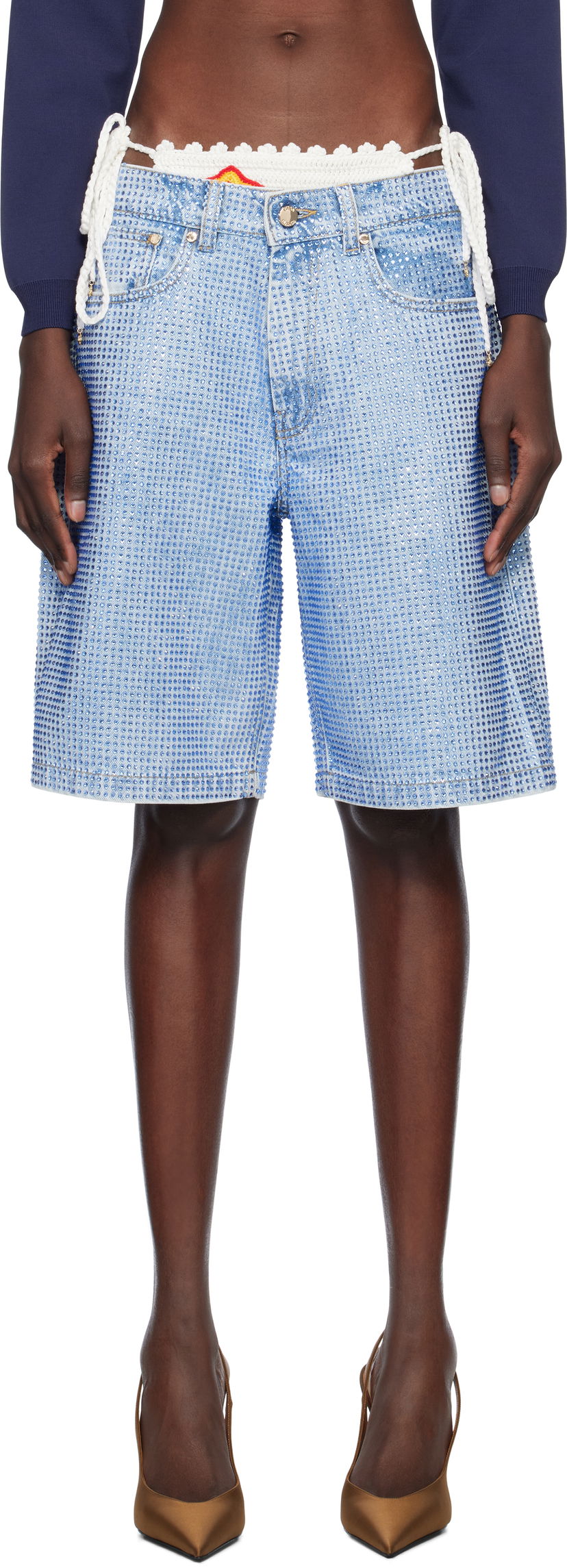 Shorts Casablanca Casablanca Crystal Embellished Denim Shorts Blå | WS25-TR-280-01