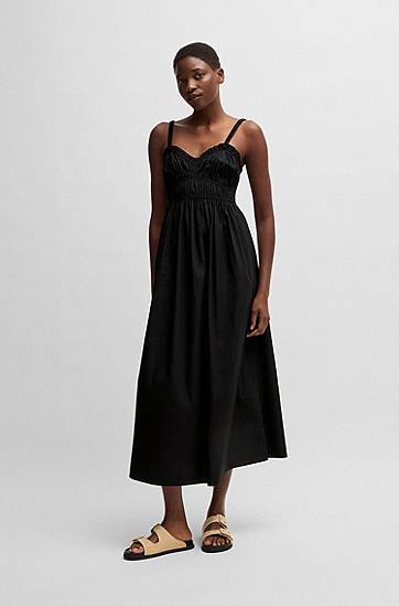 Klä BOSS Ruched Bodice Cotton-Poplin Midi Dress Svart | 50537919, 1