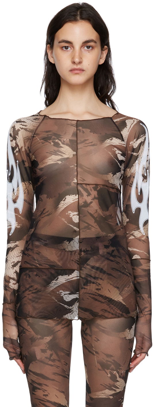 T-shirt HERON PRESTON Nylon Long Sleeve T-Shirt Brun | HWAD028S22FAB0016401