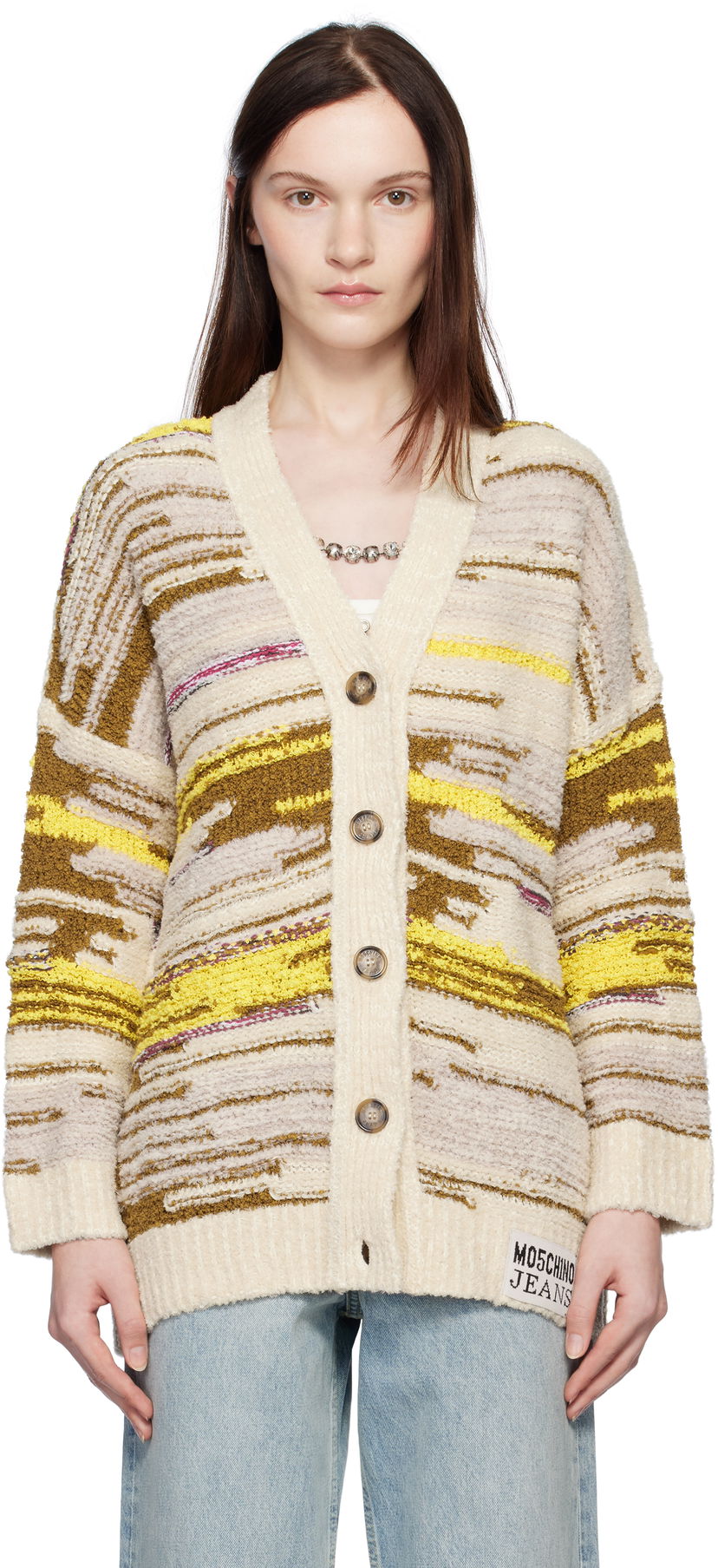 Sweater Moschino Jeans Striped Knit Cardigan Beige | 251K10681