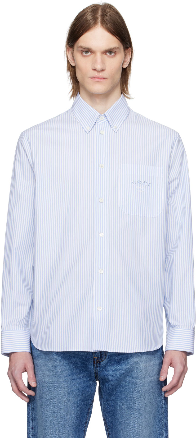 Skjorta Versace Versace Striped Poplin Shirt Blå | 1016210_1A13450
