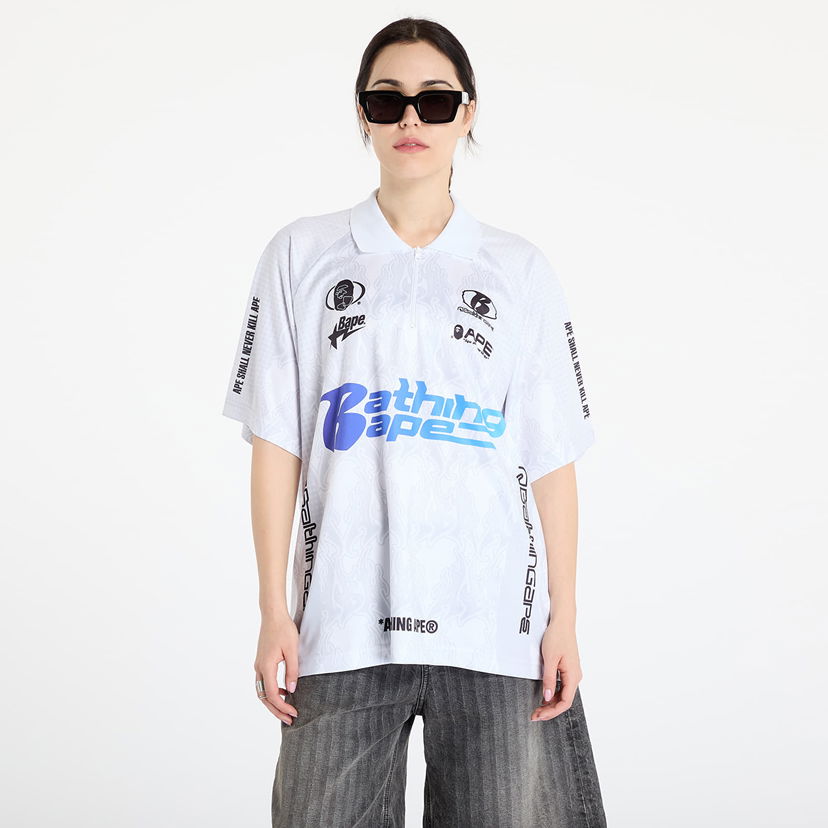 Polotröja BAPE A BATHING APE Flame Pattern Overall Print Half Zip Relax Fit Polo Shirt Vit | 001POL301304MWHT