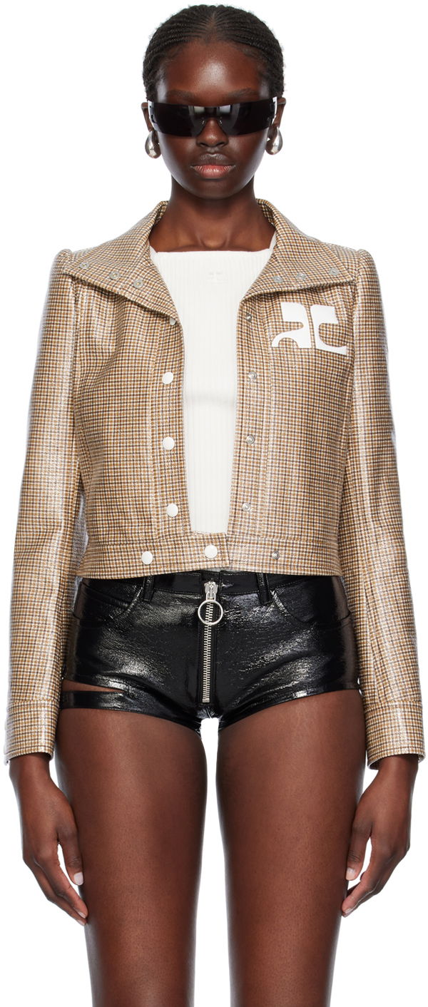 Jacka Courrèges Cropped Check Print Buttoned Jacket Brun | 124CBL005PR0042