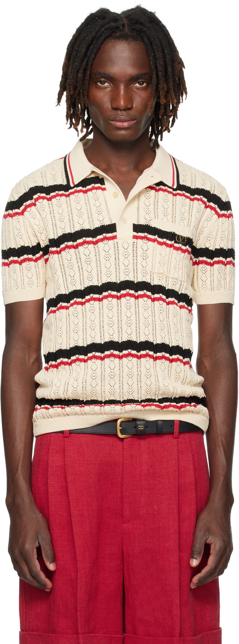 Polotröja Valentino Valentino Striped Knit Polo Beige | 7V3KP03XB0S