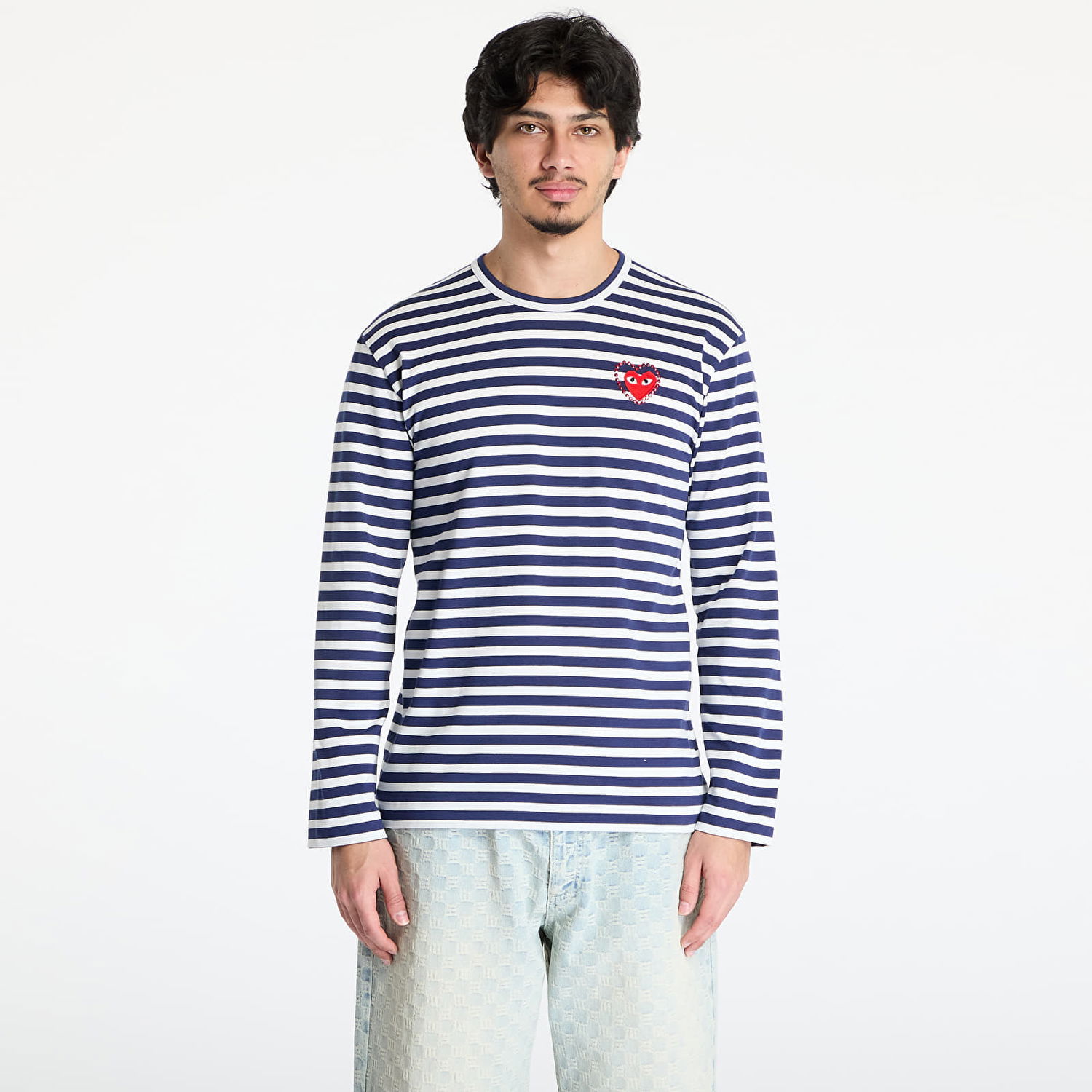 T-shirt Comme des Garçons Comme des Garçons PLAY Stripe Emblem Long Sleeve Tee Mörkblå | AX-T806 NAVYxWHITE, 0