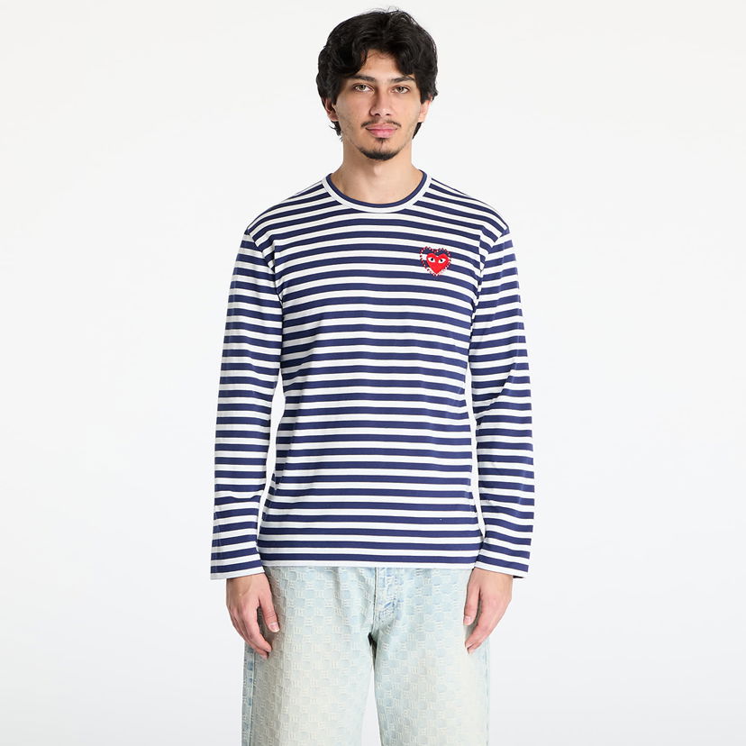 T-shirt Comme des Garçons Comme des Garçons PLAY Stripe Emblem Long Sleeve Tee Mörkblå | AX-T806 NAVYxWHITE