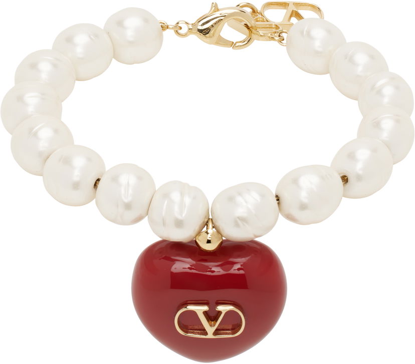 Armband Valentino Valentino Garavani Pearl Bracelet with Heart Pendant Röd | 6W2J0Y71LTD