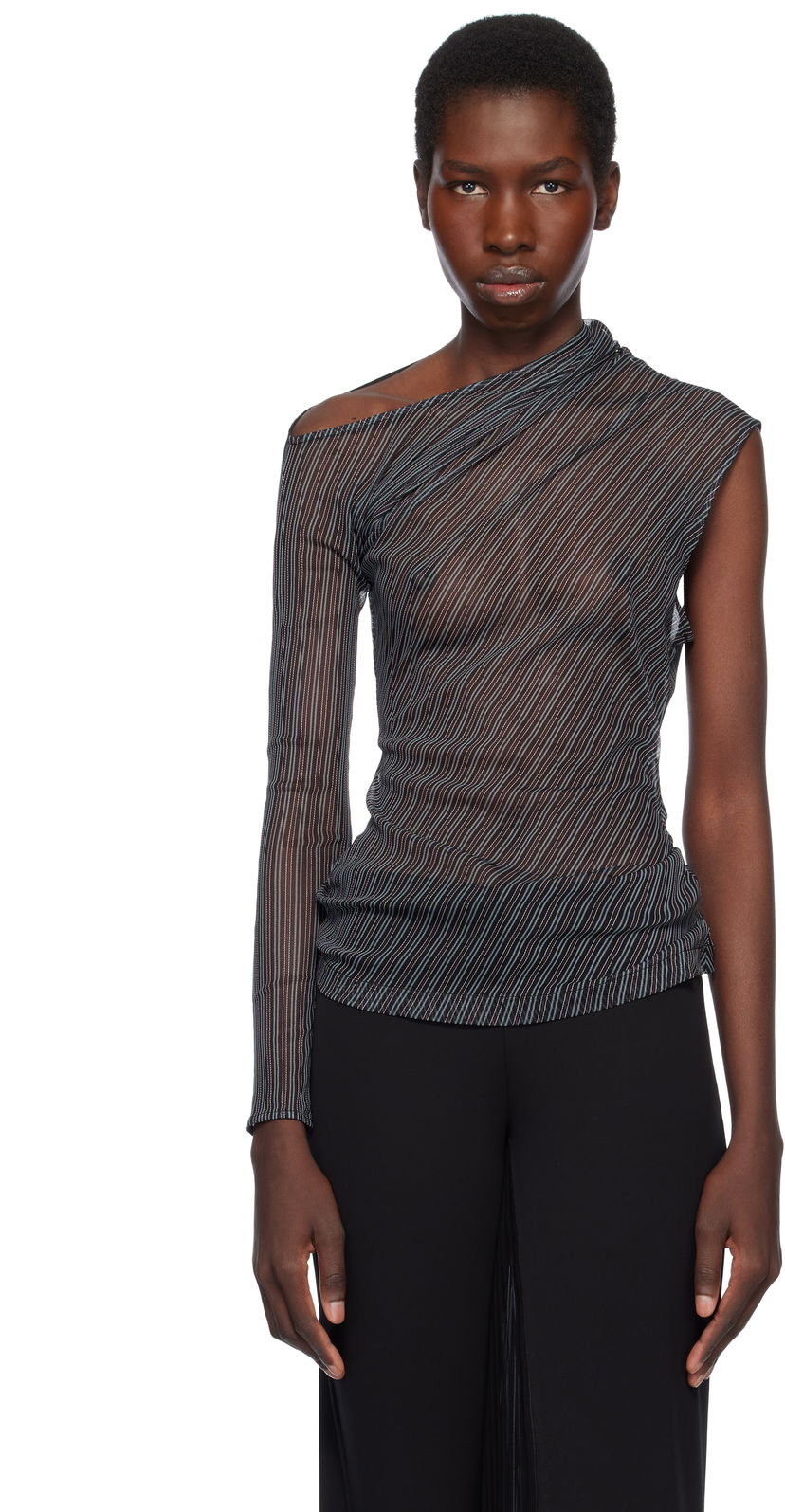 T-shirt Courrèges Courrèges Asymmetric Striped Mesh Top Svart | 125JTO387PR0099