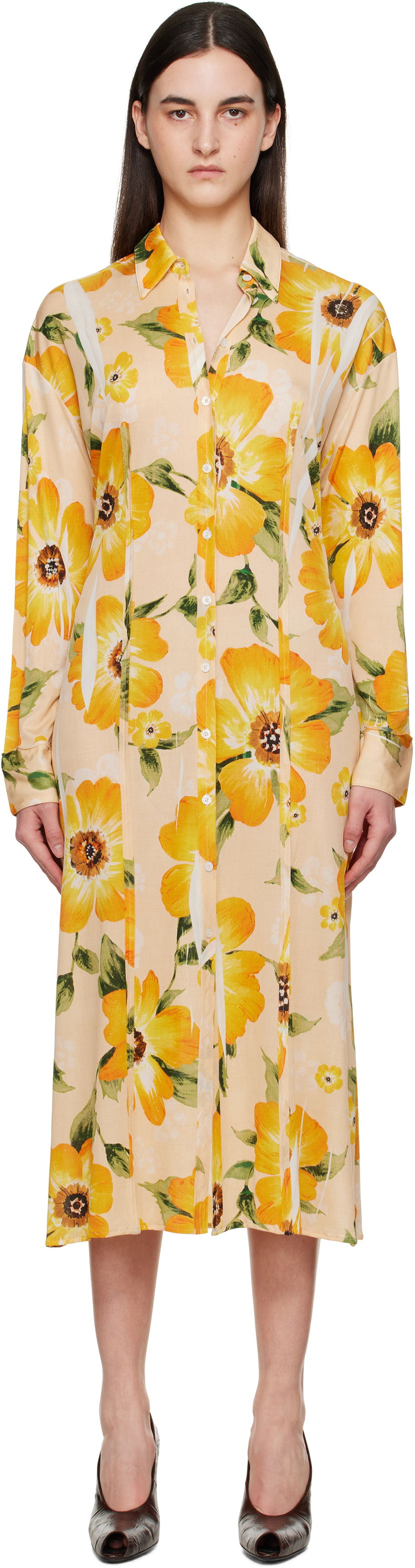Klä Acne Studios Acne Studios Button-Up Floral Print Midi Dress Gul | A20803-