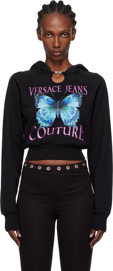 Sweatshirt Versace Versace Jeans Couture Butterfly Graphic Cropped Hoodie with Keyhole Detail Svart | 79HAIB01-CFB00, 0