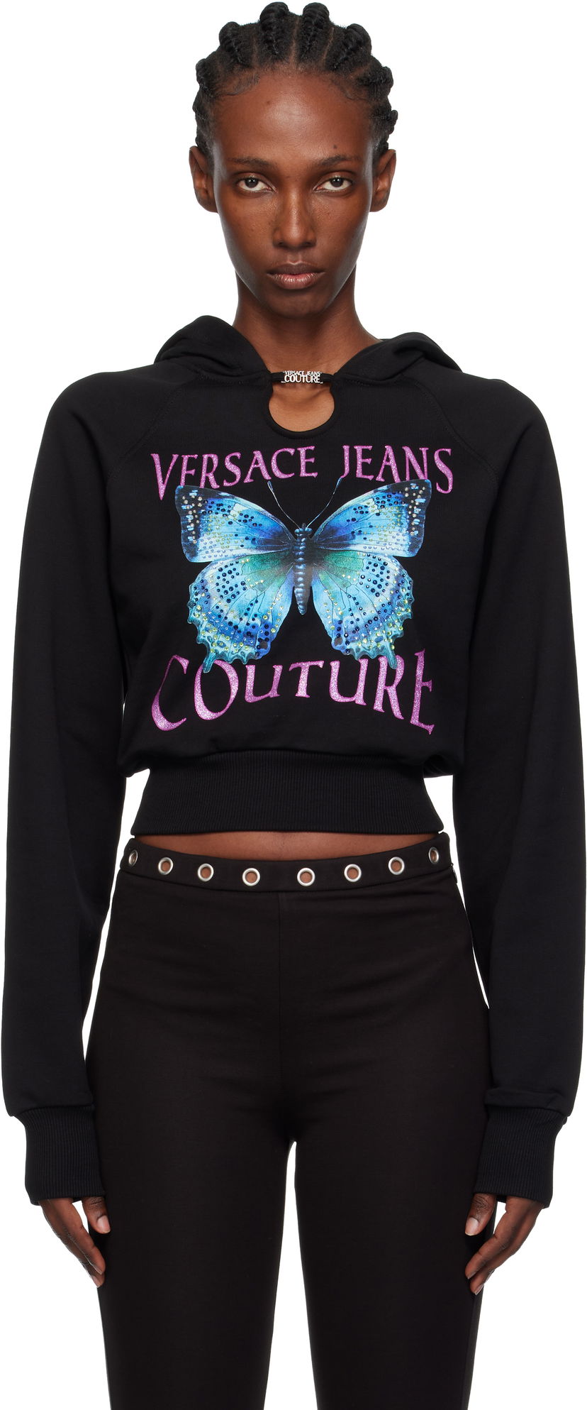 Sweatshirt Versace Versace Jeans Couture Butterfly Graphic Cropped Hoodie with Keyhole Detail Svart | 79HAIB01-CFB00
