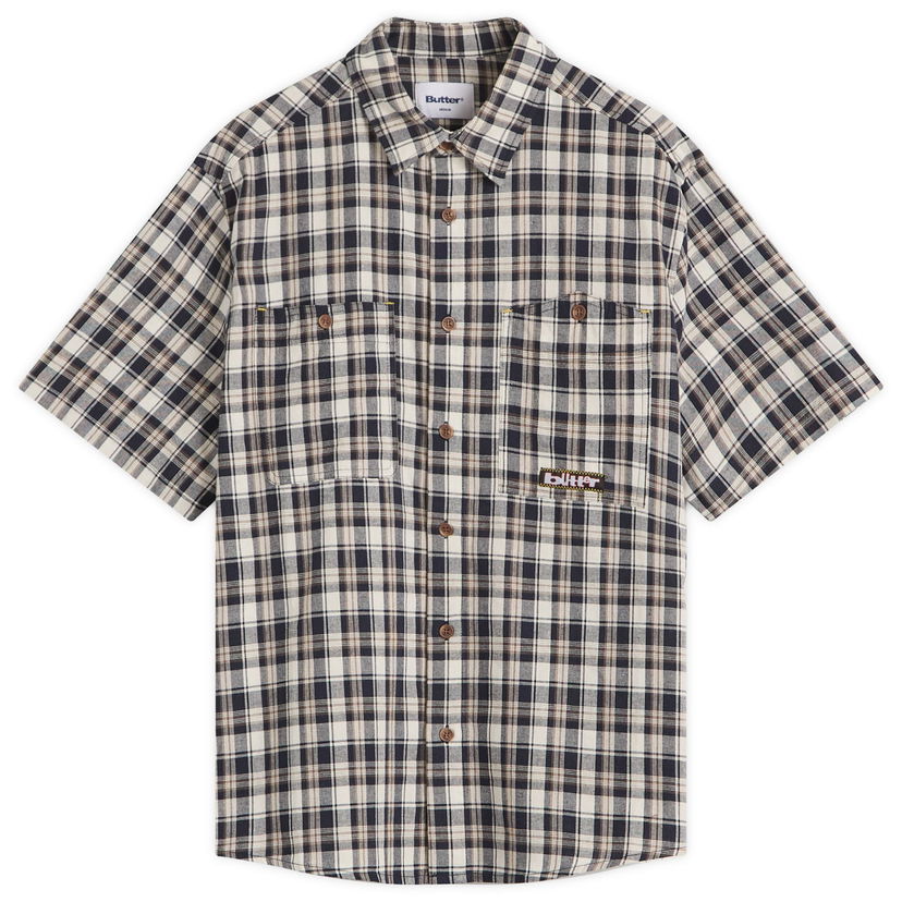 Skjorta Butter Goods Butter Goods Asymmetrical Short Sleeve Shirt Beige | BG251403-BLU