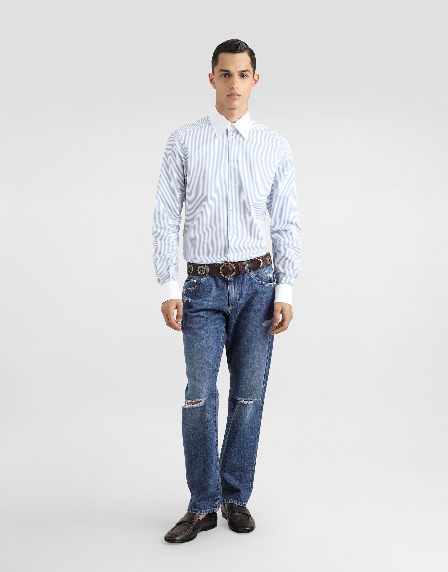 Skjorta Dolce & Gabbana Dolce & Gabbana Striped Cotton Shirt with White Collar and Cuffs Blå | G5MM4ZFBTAKS8051, 1