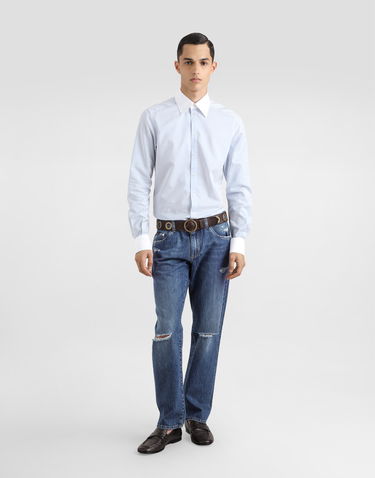 Skjorta Dolce & Gabbana Dolce & Gabbana Striped Cotton Shirt with White Collar and Cuffs Blå | G5MM4ZFBTAKS8051, 1