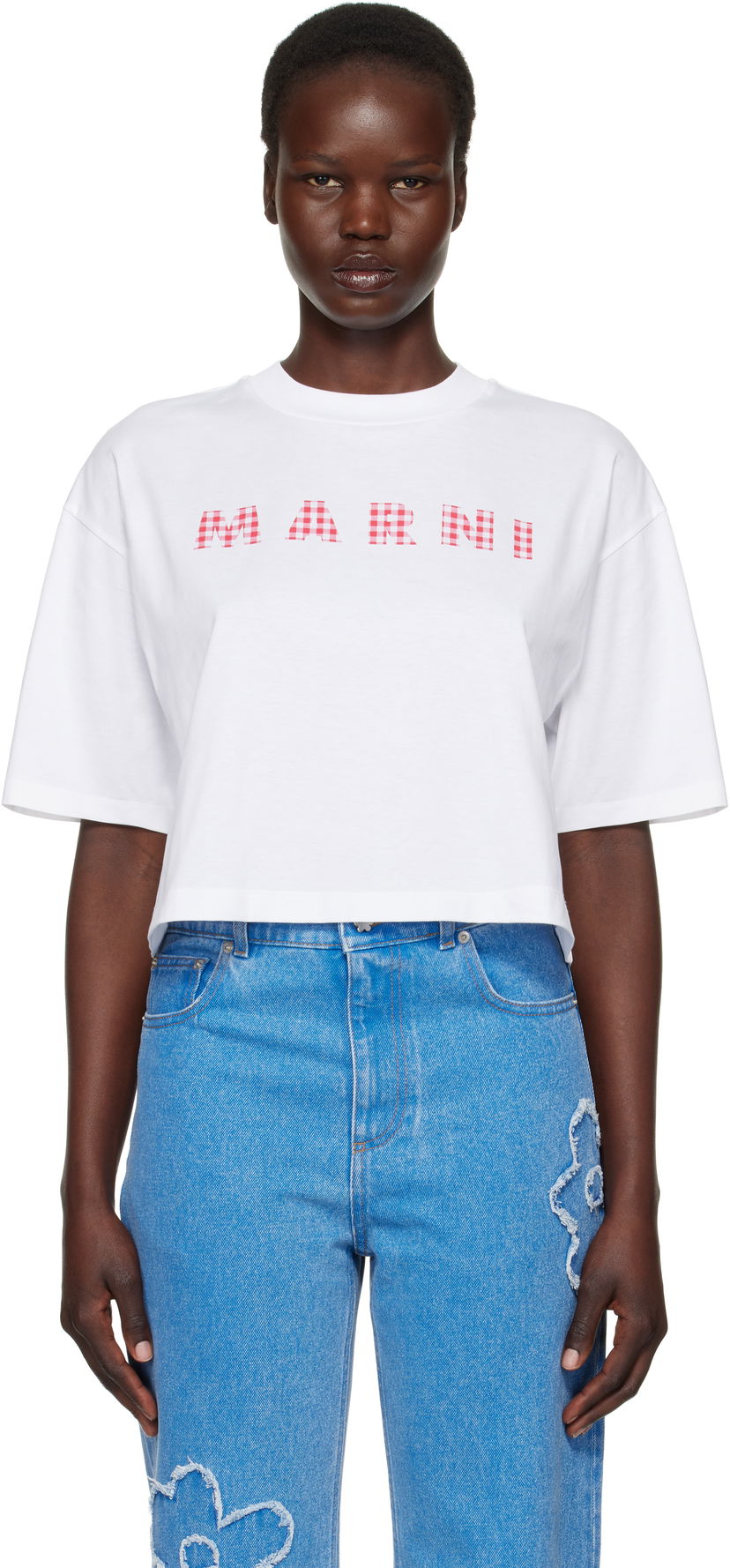 Crop top Marni Marni Cropped Checked Logo T-Shirt Vit | THJE0333P6 USCX52