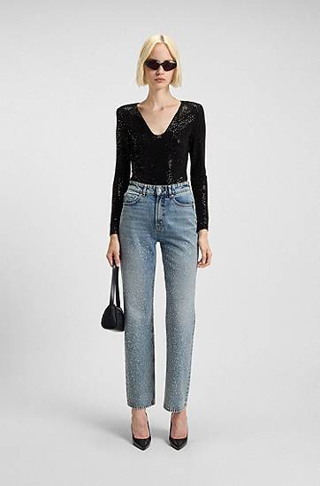 Kropp BOSS Sparkling bodysuit in stretch jersey with stacked-logo trim Svart | 50546238, 1