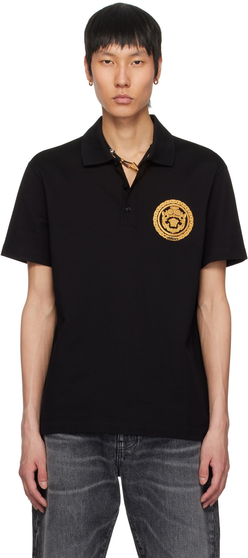 Polotröja Versace Versace Embroidered Chain Crest Polo Svart | 1013906_1A13413