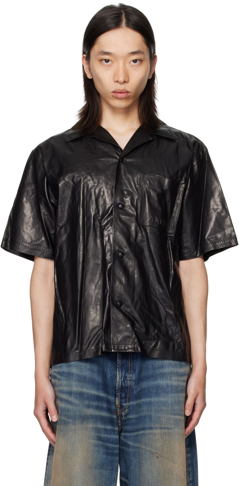 Skjorta AMIRI AMIRI Lightweight Camp Leather Shirt Svart | AMLTIR1017