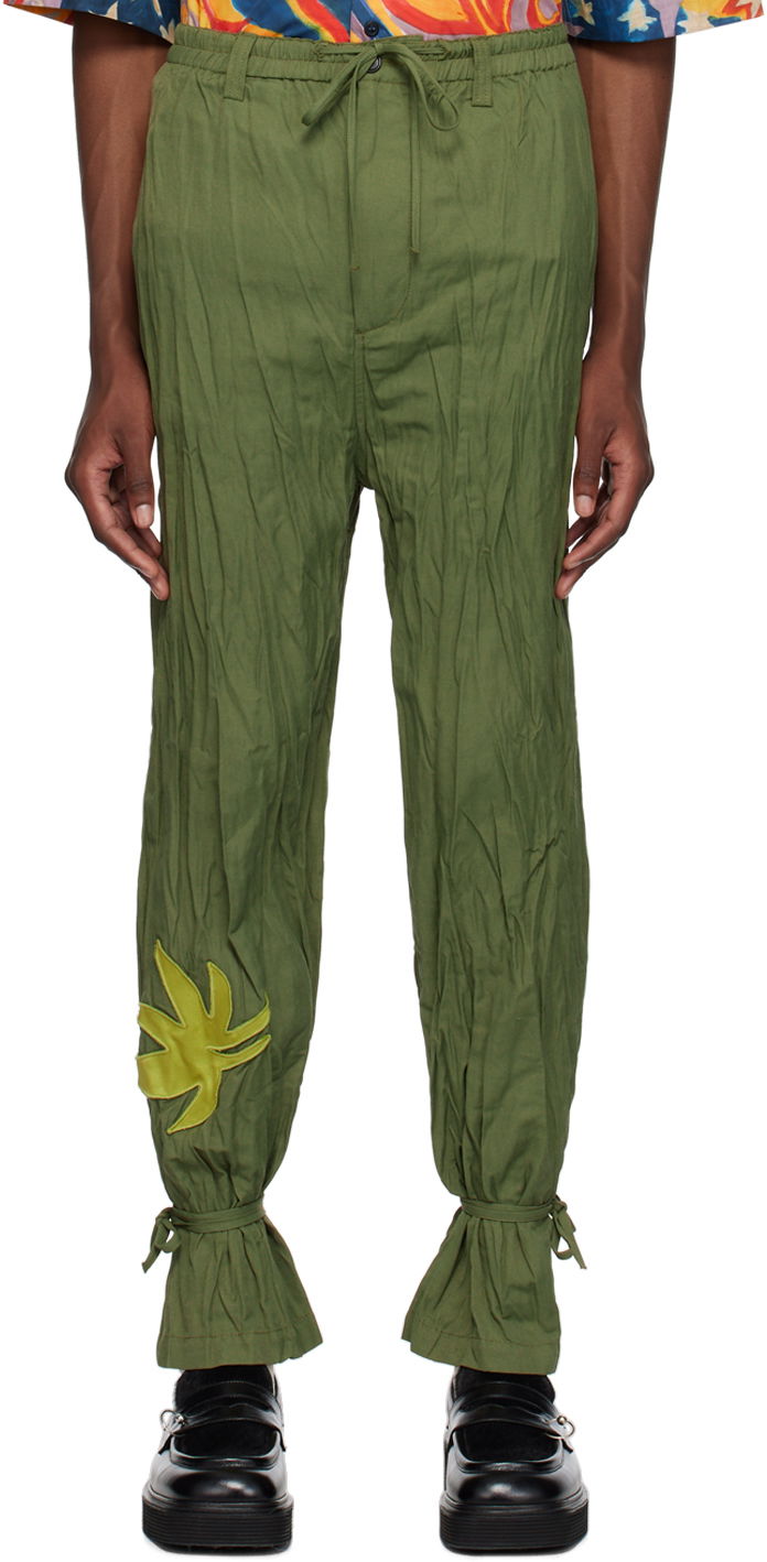 Byxor Marni No Vacancy Inn Edition Crinkled Drawstring Trousers with Leaf Appliqué and Tied Cuffs Grön | PUMU0228SX UTN906