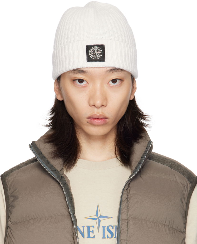 Mössa Stone Island Off-White Knitted Badge Beanie Vit | 8115N10B5