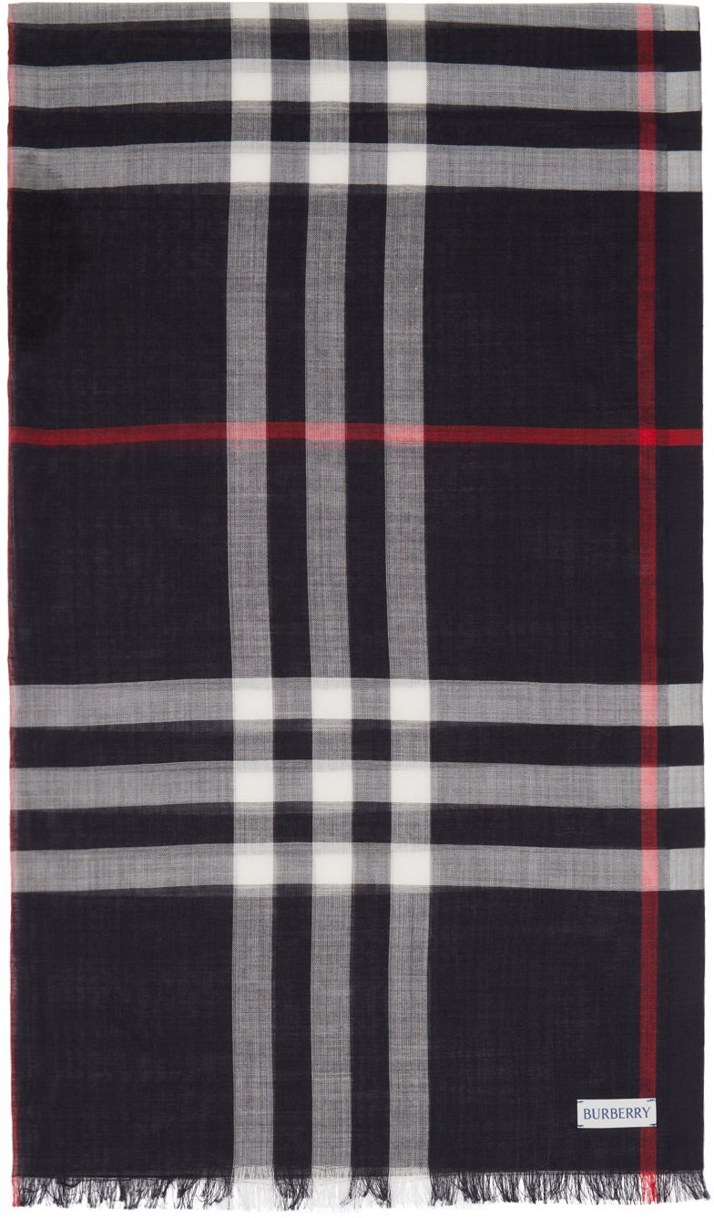 Halsduk Burberry Navy Check Scarf Mörkblå | 8078780