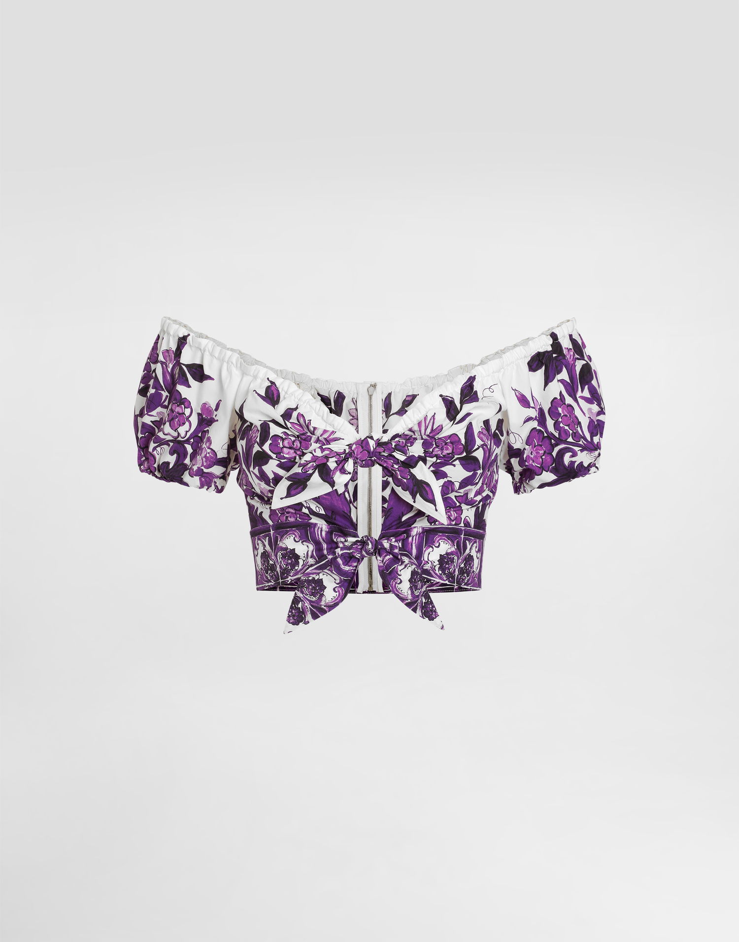 Crop top Dolce & Gabbana Dolce & Gabbana Majolica-Print Poplin Off-Shoulder Tie-Front Top Purpur | F7AV0THH5EPI13TN, 0