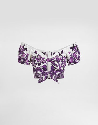 Crop top Dolce & Gabbana Dolce & Gabbana Majolica-Print Poplin Off-Shoulder Tie-Front Top Purpur | F7AV0THH5EPI13TN, 0