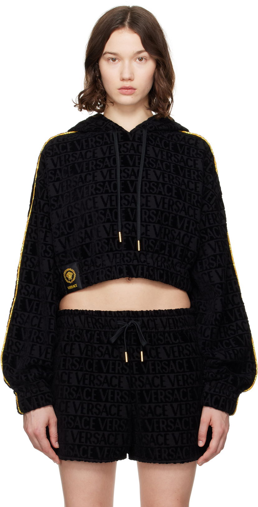 Sweatshirt Versace Versace 'I Heart Baroque' Crop Velour Hoodie Svart | 1020144_1A14584
