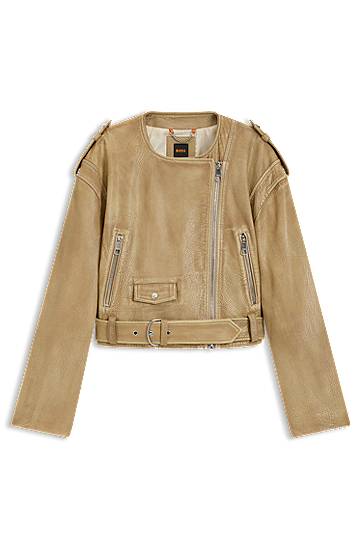 Jacka BOSS Cropped Grained Leather Biker Jacket Beige | 50543026