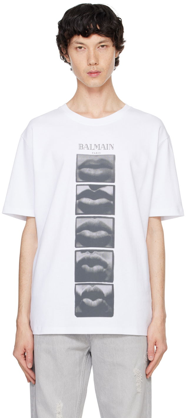 T-shirt Balmain Vintage ' Lips' Print T-shirt Vit | DH0EG000GE07