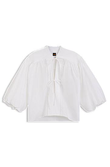Skjorta BOSS Relaxed-Fit Cotton Poplin Blouse with Tie Neckline Vit | 50552766