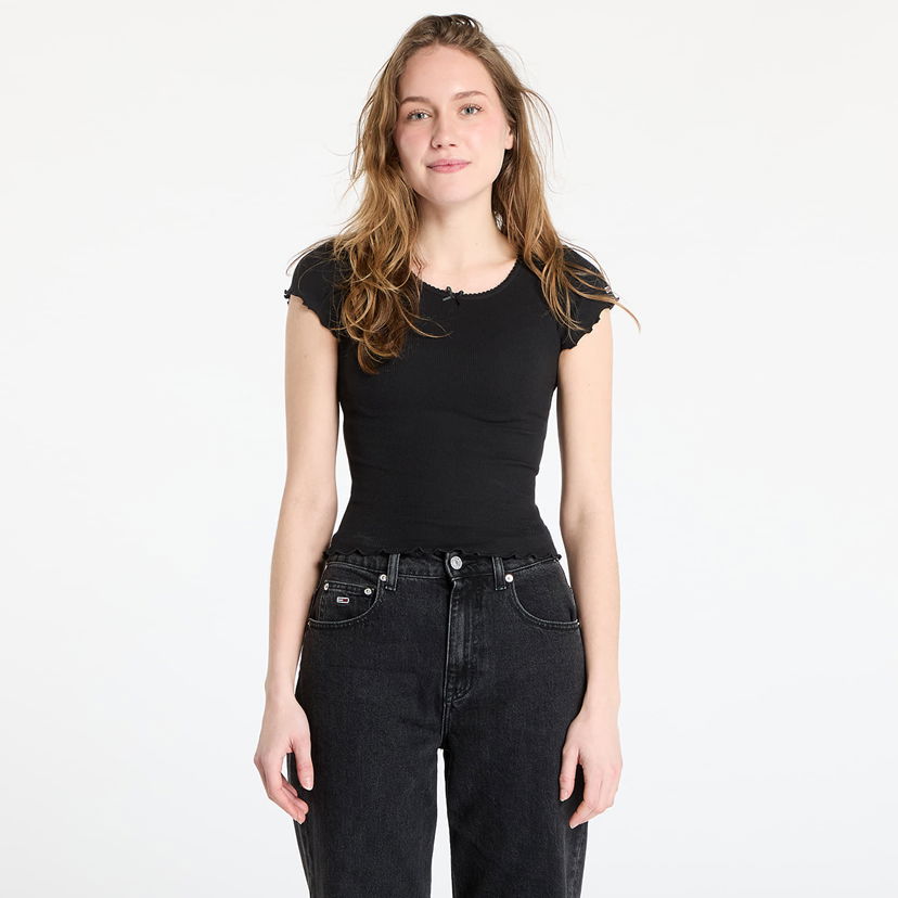 Linne Tommy Hilfiger Tommy Jeans Slim Scallop Rib T-Shirt Svart | DW0DW19504 BDS