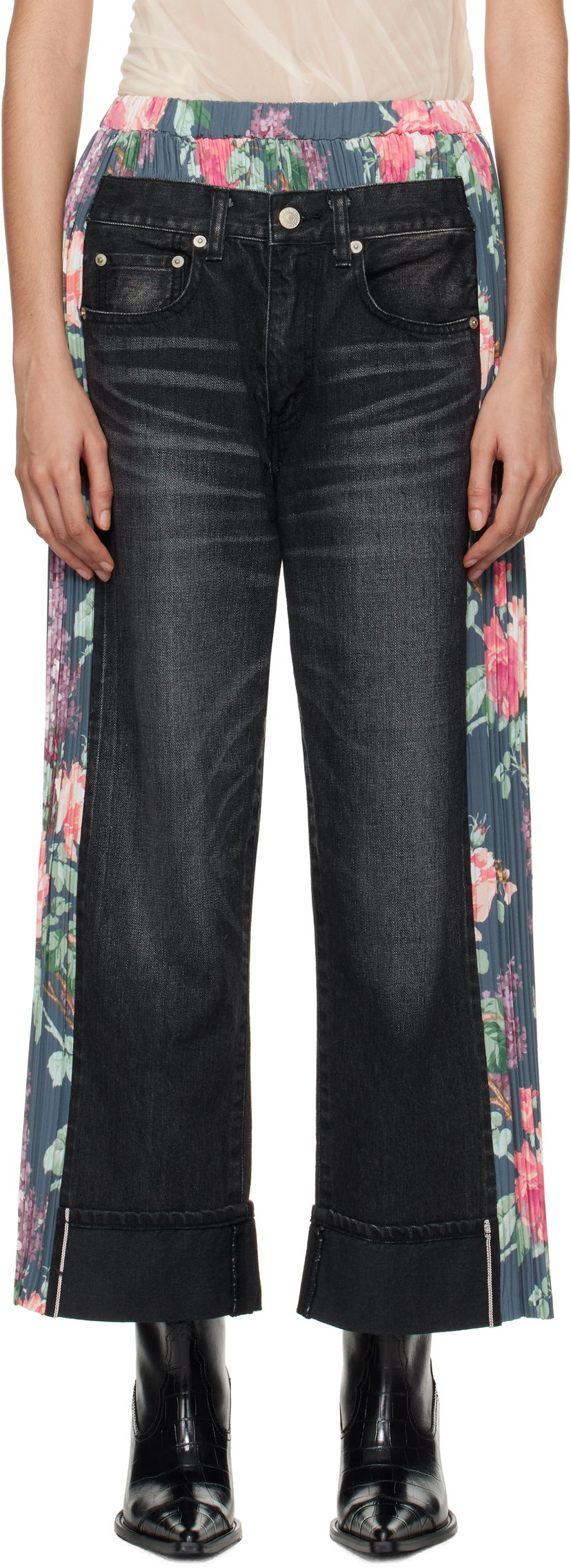 Jeans Junya Watanabe Flower Print Panel Jeans Svart | JN-P107-100