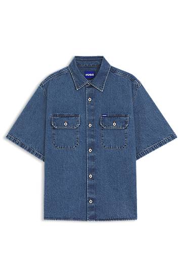 Skjorta BOSS Oversized Denim Shirt with Contrast Stitching Blå | 50545213