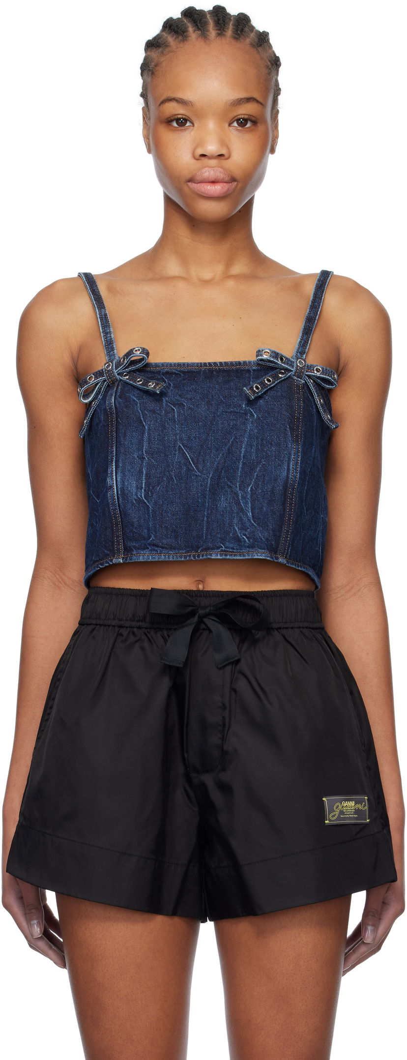Linne GANNI Blue Crinkled Future Denim Strap Top Mörkblå | J1592